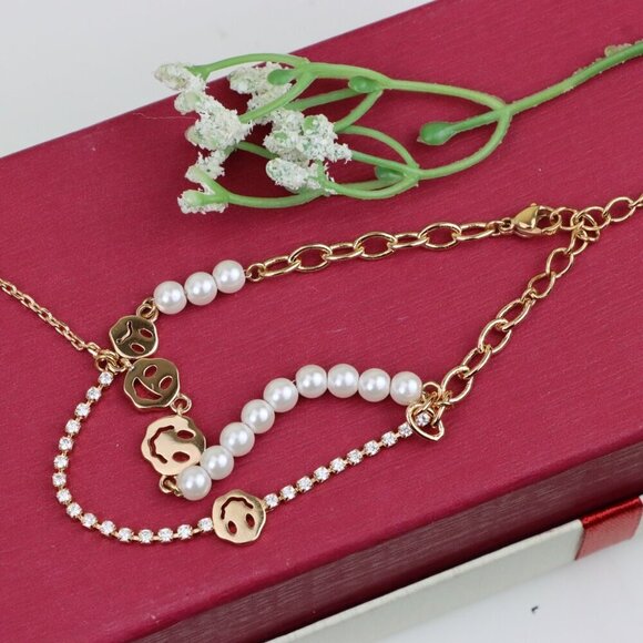 Rose Gold Smiley Face Pearl and Crystal Layered Bracelet, XPBL0671 - Picture 11 of 12